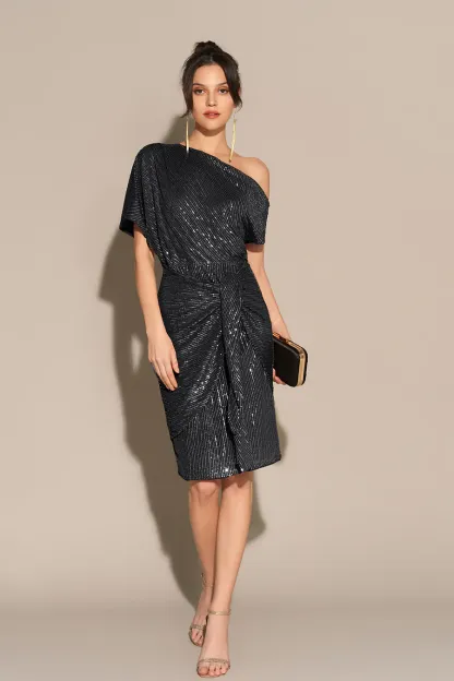 Sequined Asymmetric Off Shoulder Bodycon Party Midi Dress