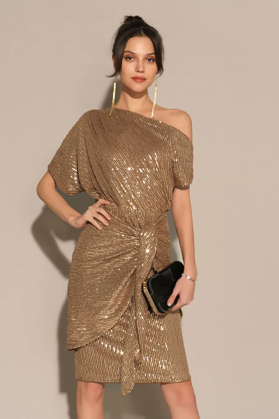 Sequined Asymmetric Off Shoulder Bodycon Party Midi Dress