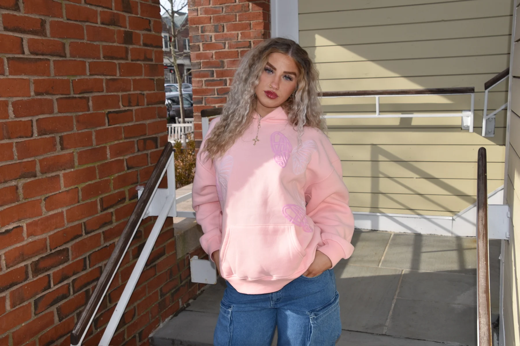 Women's Casual Long Sleeve Pink Butterfly Hoodie Sweatshirt