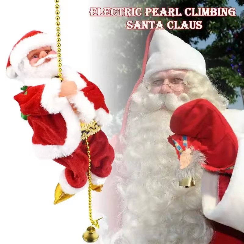 Santa Claus Climbing Beads Battery Operated Electric Climb Up and Down Climbing Santa with Light Music Christmas Decor Ornaments