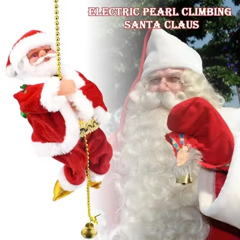 Santa Claus Climbing Beads Battery Operated Electric Climb Up and Down Climbing Santa with Light Music Christmas Decor Ornaments