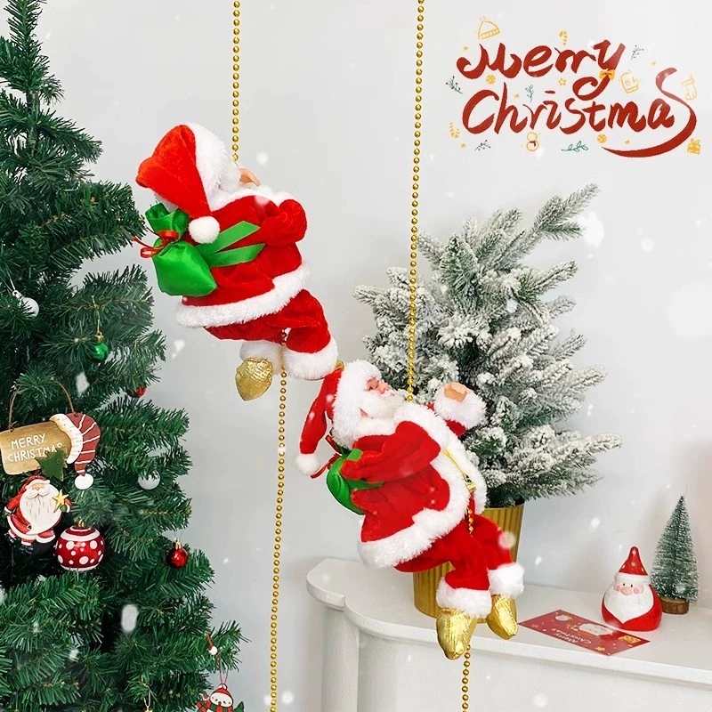 Santa Claus Climbing Beads Battery Operated Electric Climb Up and Down Climbing Santa with Light Music Christmas Decor Ornaments