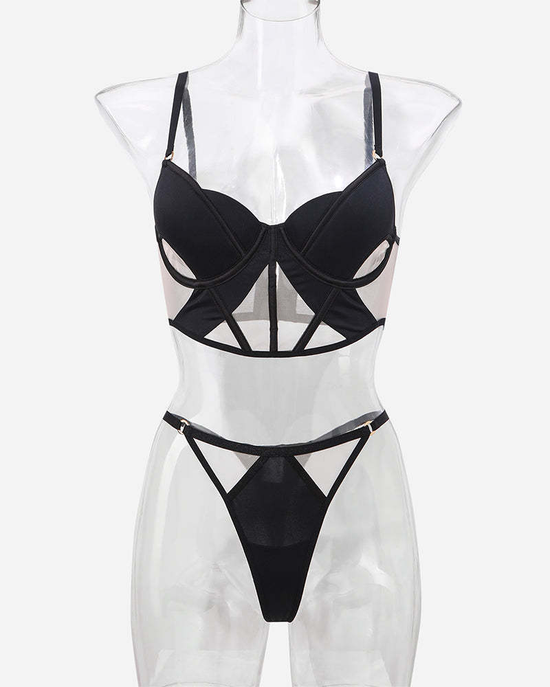Push Up Mesh Hollow Bra and Thong Set
