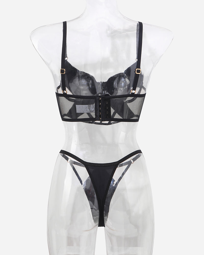 Push Up Mesh Hollow Bra and Thong Set
