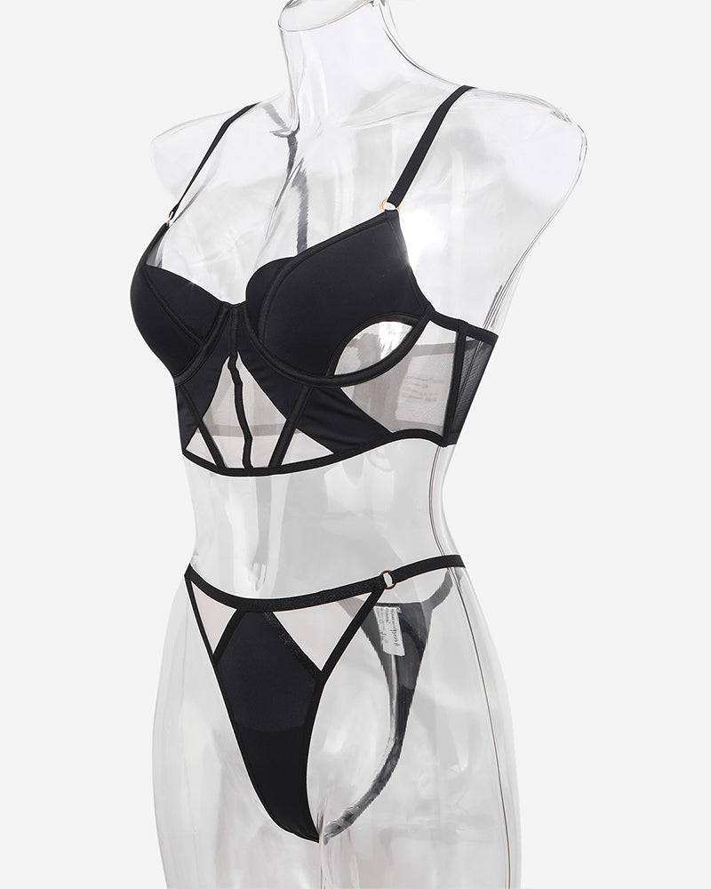 Push Up Mesh Hollow Bra and Thong Set