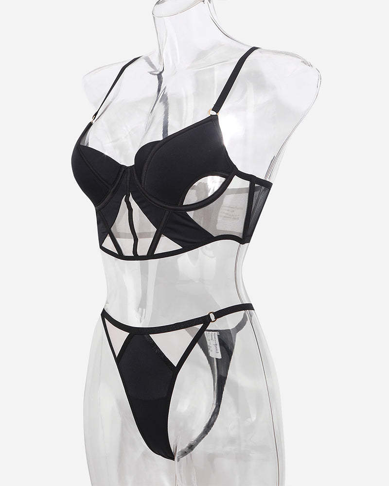 Push Up Mesh Hollow Bra and Thong Set