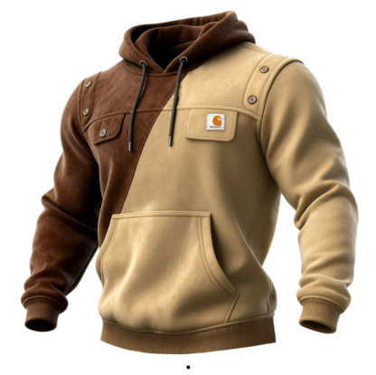 Men's Vintage Brown Suede Contrast Pockets Hoodie