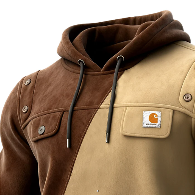 Men's Vintage Brown Suede Contrast Pockets Hoodie