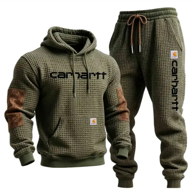 Men's Vintage Army Green Waffle Pocket Hoodie And Sweatpants Jogger Set
