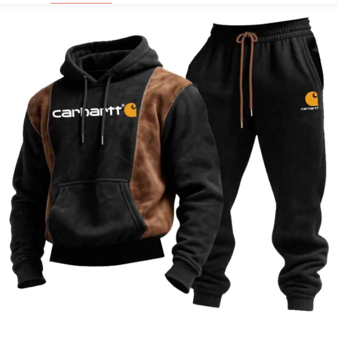 Men's Vintage Black Brown Suede Color Block Hoodie And Sweatpants Set