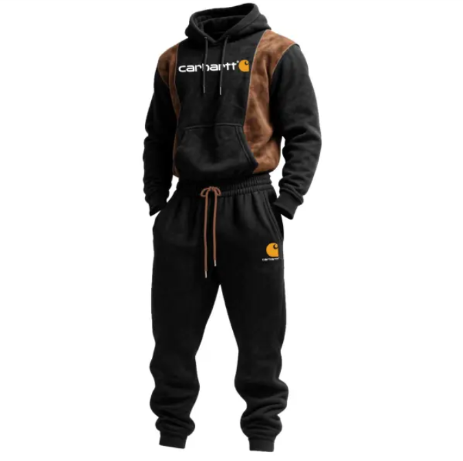 Men's Vintage Black Brown Suede Color Block Hoodie And Sweatpants Set