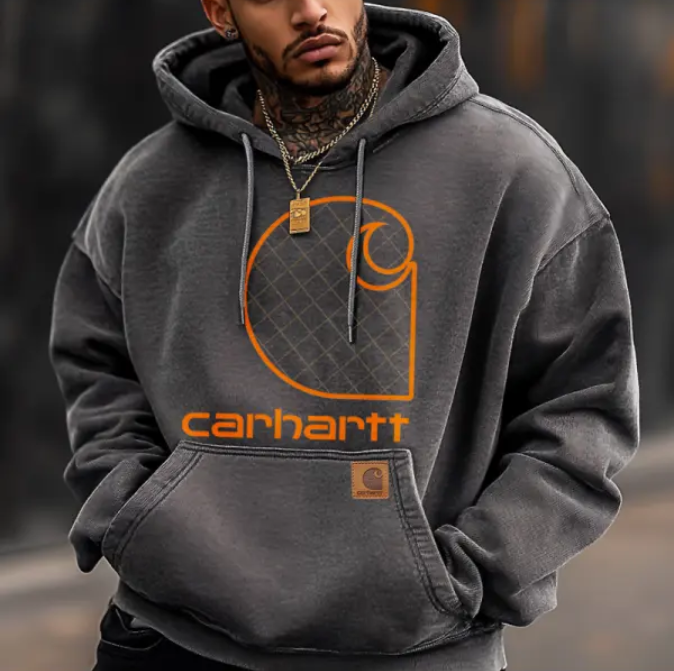 Men's Retro Grid Pattern Print Outdoor Hoodie Streetwear