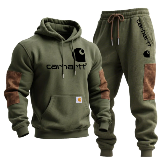 Men's Vintage Stitching Brown Suede Pocket Hoodie And Sweatpants Jogger Set