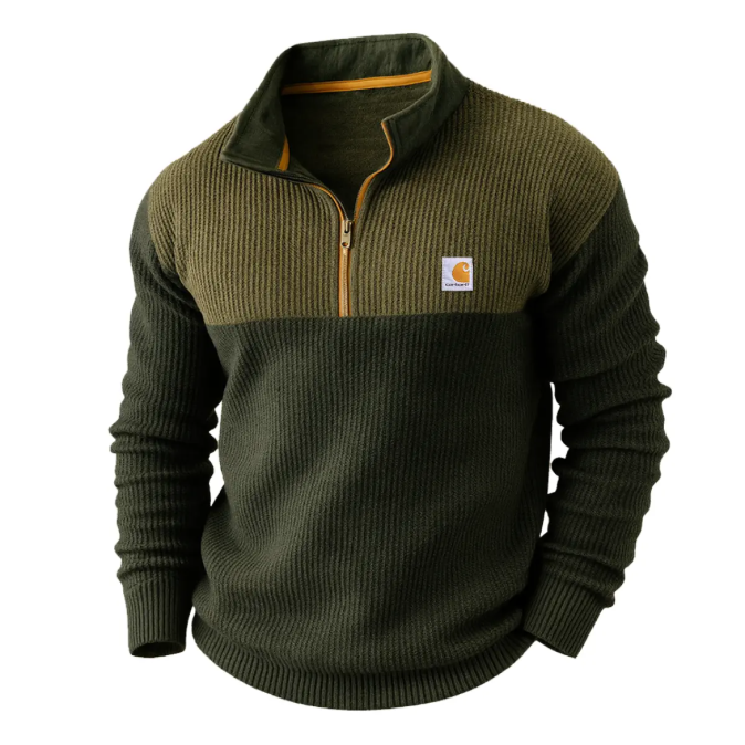 Men's Retro Corduroy Olive Green Quarter-Zip Sweater With Contrast Details