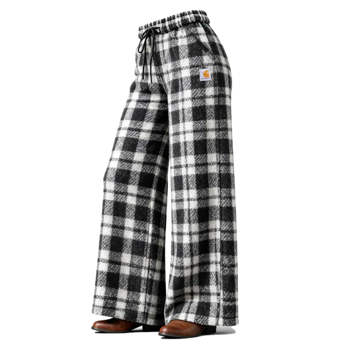 Women's Vintage Black And White Plaid Flannel Elastic Drawstring Wide-Leg Pants