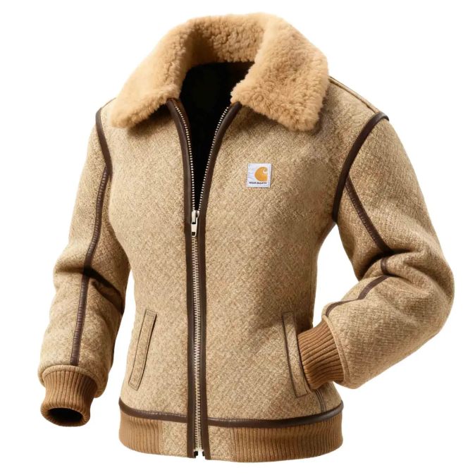 Women's Vintage Khaki Herringbone Wool Fur Collar Lapel Shearling Jacket