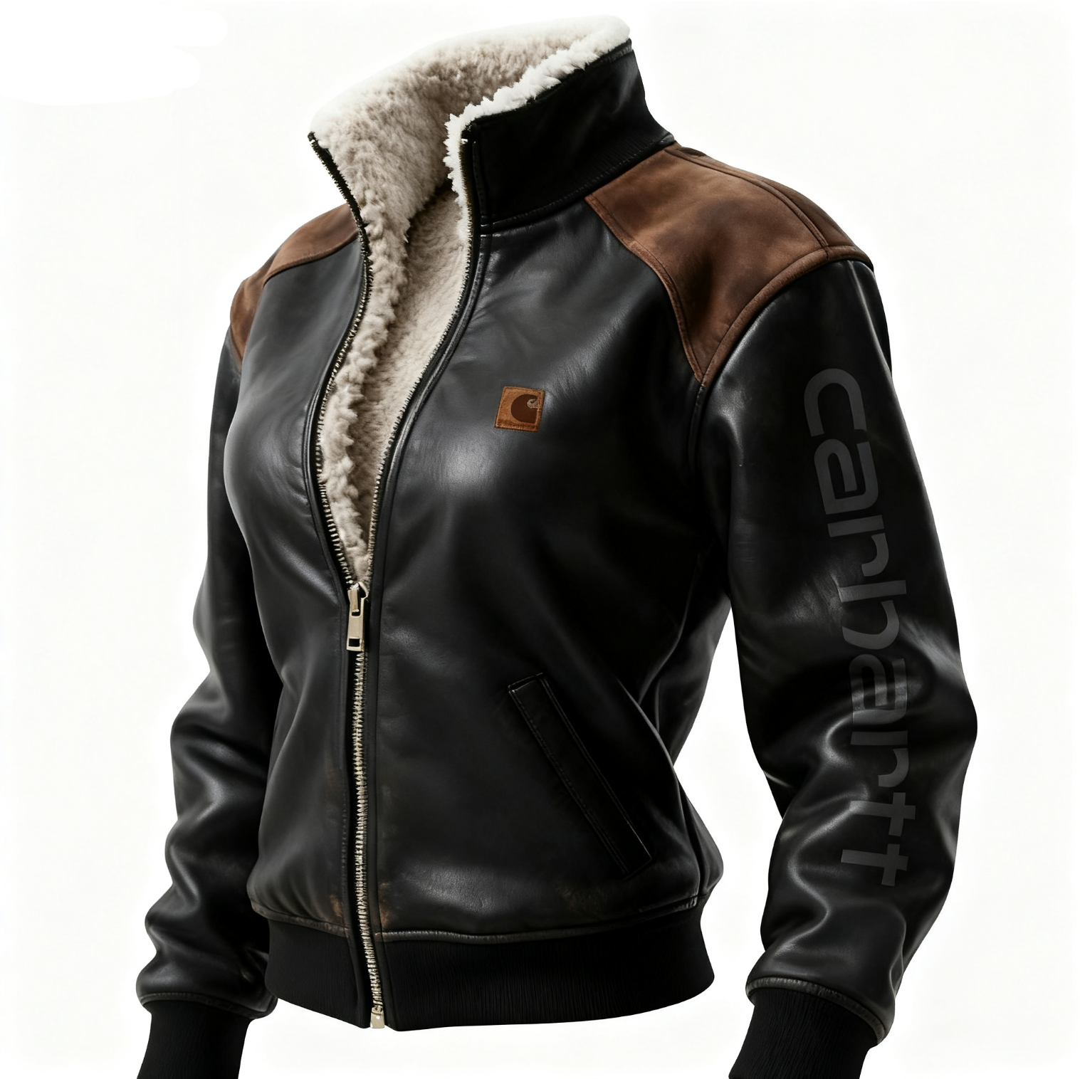 Women's Retro Leather Contrast Color Stitching Suede Zipper Stand Collar Coat Lambswool Lined Thickened Jacket