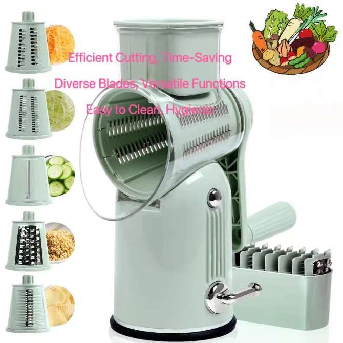 Rotary Cheese Grater with Handle, Vegetable Shredder with 5 Replaceable Blades & Strong Suction Base, Round Food Slicer & Choppe