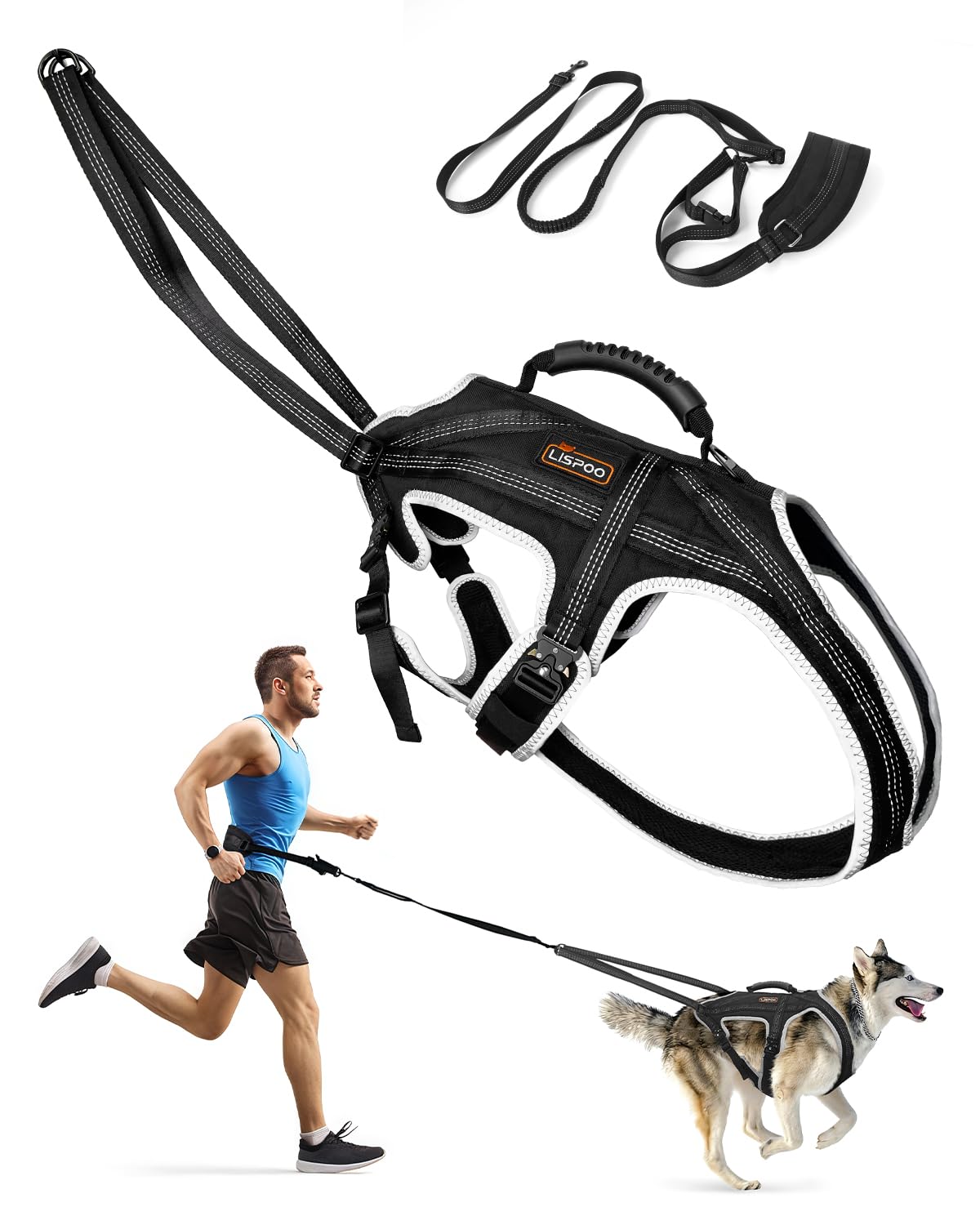 Dog harness suitable for running, skiing, cycling and pulling heavy loads – adjustable sled dog harness with leash and hip belt attachments, suitable for medium and large breeds.