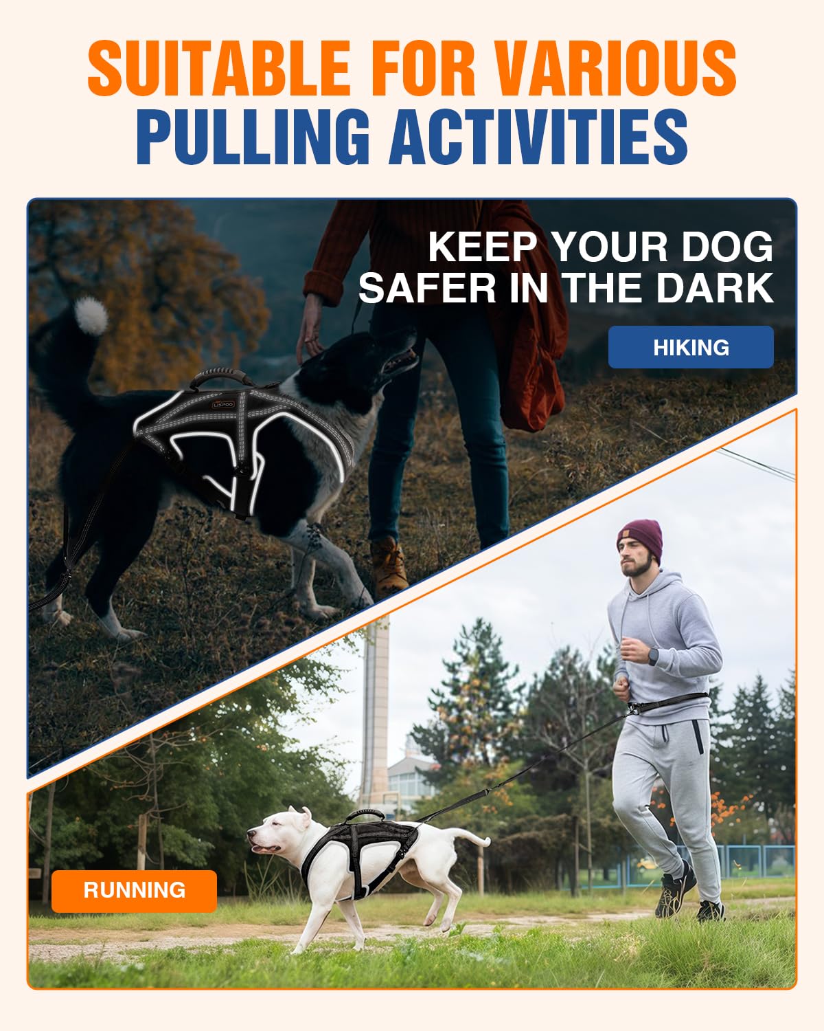 Dog harness suitable for running, skiing, cycling and pulling heavy loads – adjustable sled dog harness with leash and hip belt attachments, suitable for medium and large breeds.