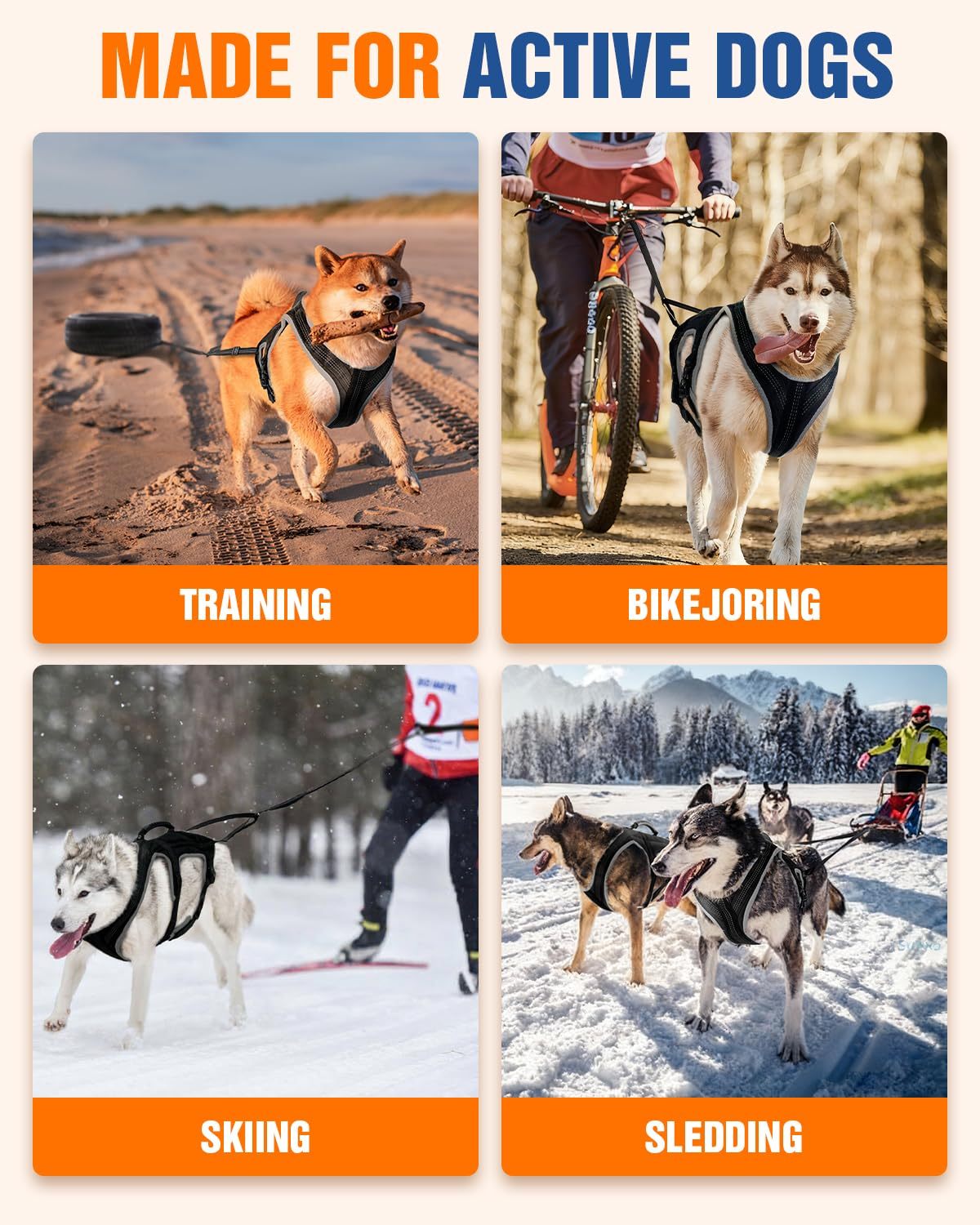 Dog harness suitable for running, skiing, cycling and pulling heavy loads – adjustable sled dog harness with leash and hip belt attachments, suitable for medium and large breeds.