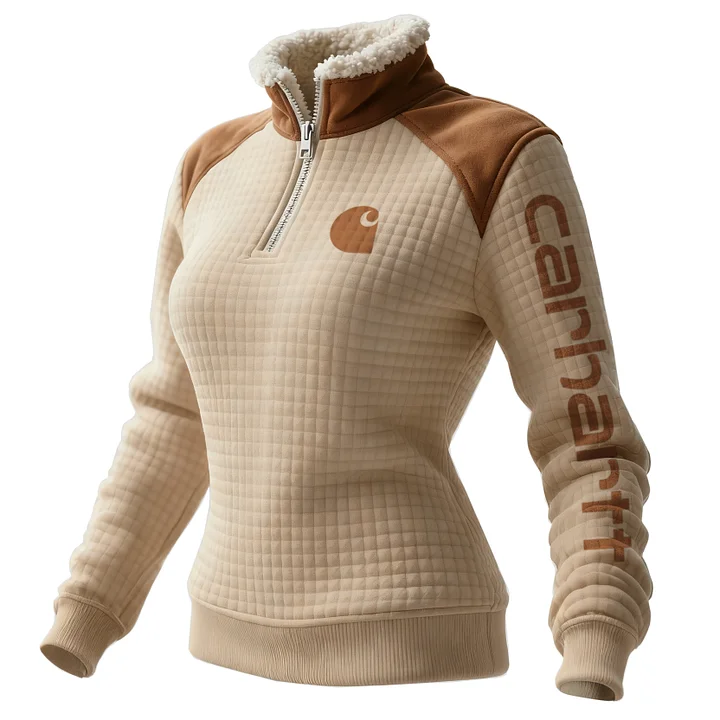 Women's Retro Western Style Waffle Contrast Suede Fleece Collar Stand Collar Sweatshirt