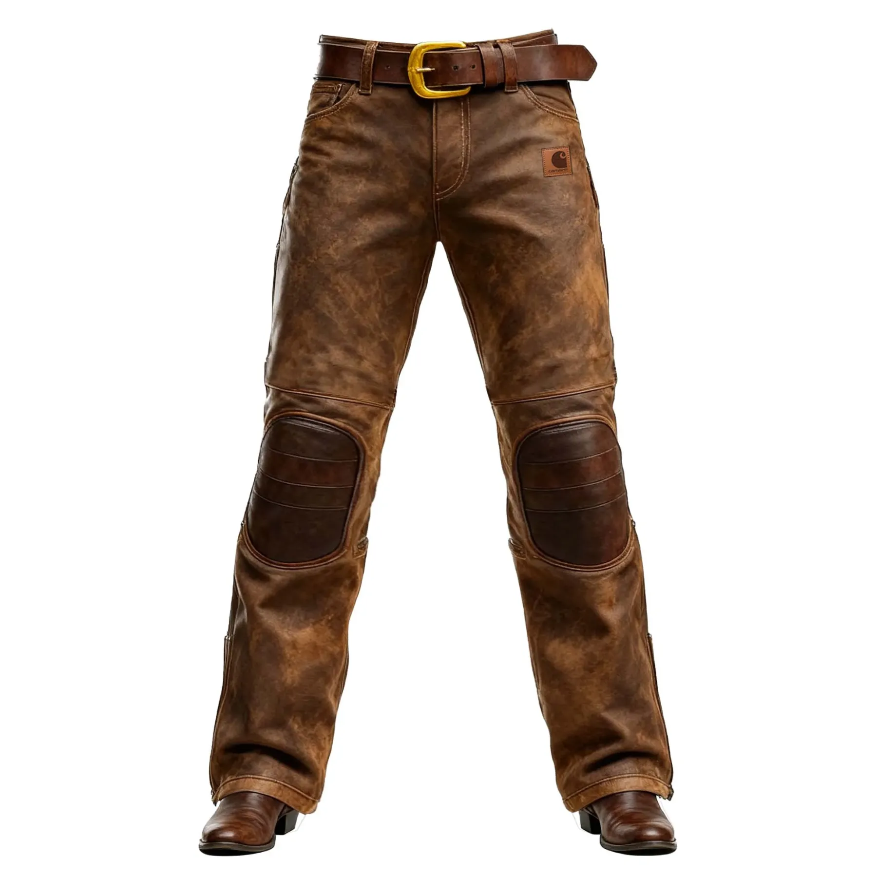 Men's Vintage Western Cowboy Brown Leather Knee Patches Work Pants Trousers