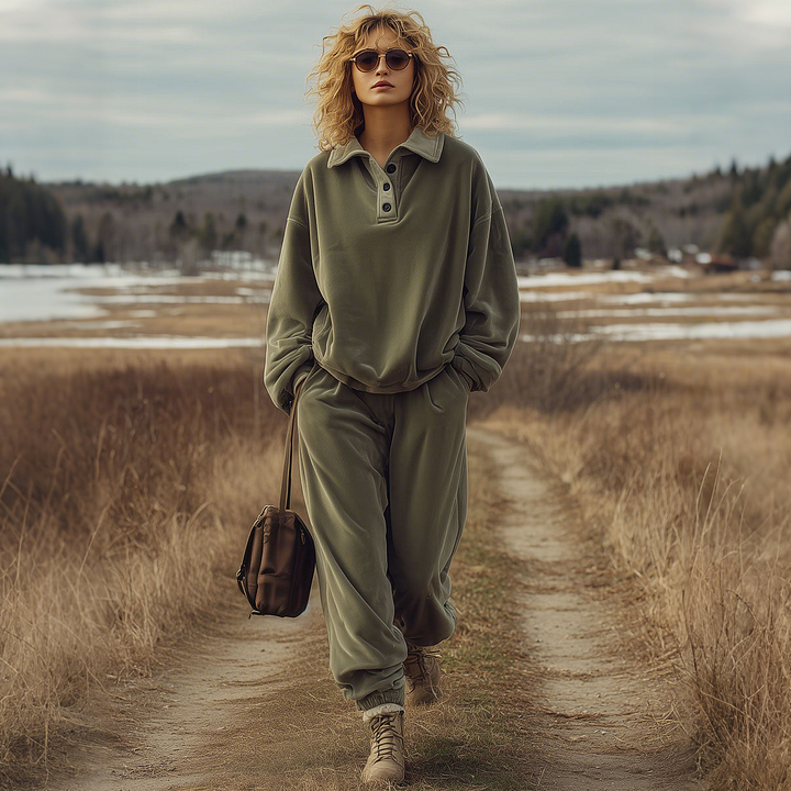 Casual Loose Gray-Green Velvet Polo Sweatshirt And Trousers Sports Set