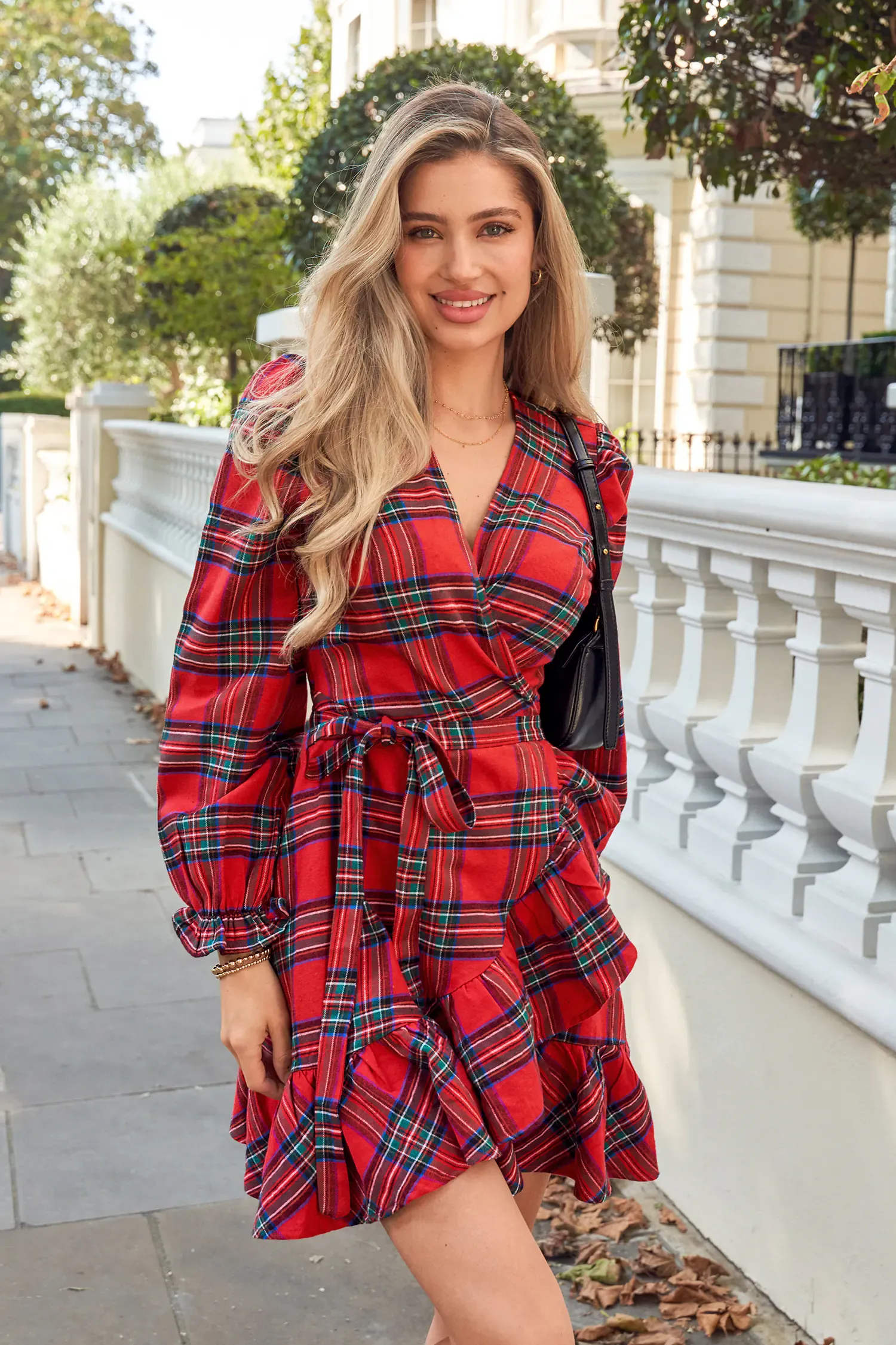 Red Plaid Blouson Sleeve Ruffle Cuff Wrap Mini Dress