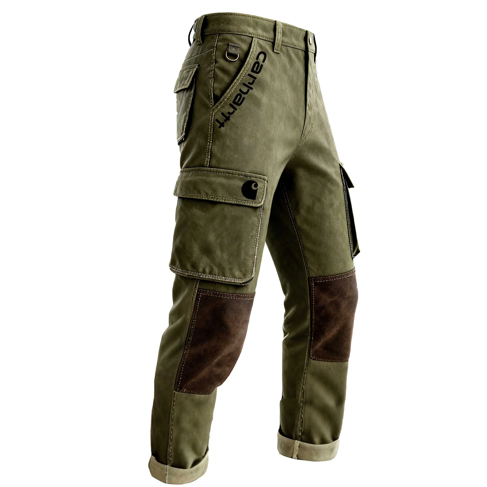 Men's Vintage Army Green Work Trousers Pants With Suede Reinforced Knees