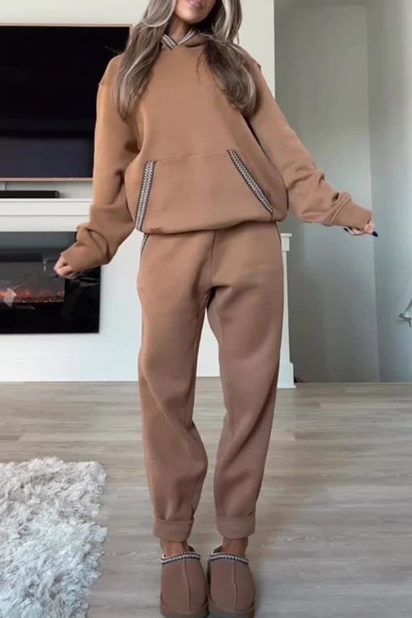 Braid Trim Kangaroo Pocket Hooded Sweatshirt and Elastic Waist Jogger Pants Set