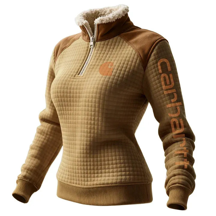 Women's Retro Western Style Waffle Contrast Suede Fleece Collar Stand Collar Sweatshirt