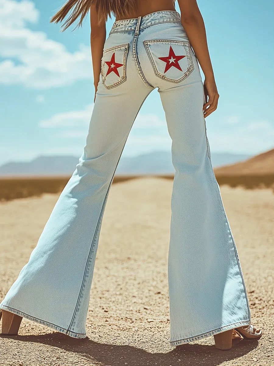 Vintage Back Pocket Star Embroidery Denim Flared Pants