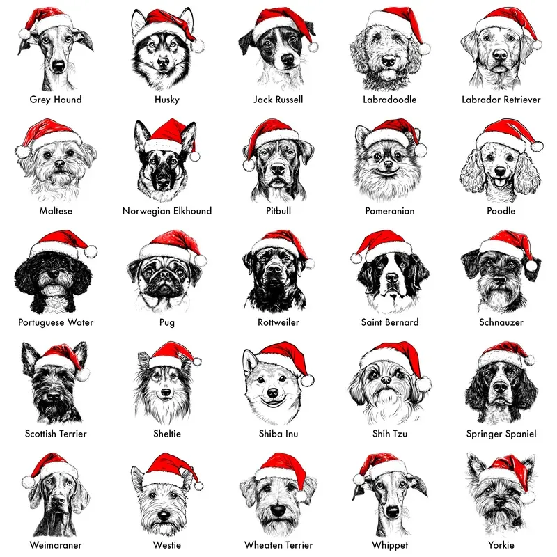 Santa Paws Christmas Dog Sweatshirt – 50 Dog Breeds in Festive Santa Hat | Unisex Holiday Pullover