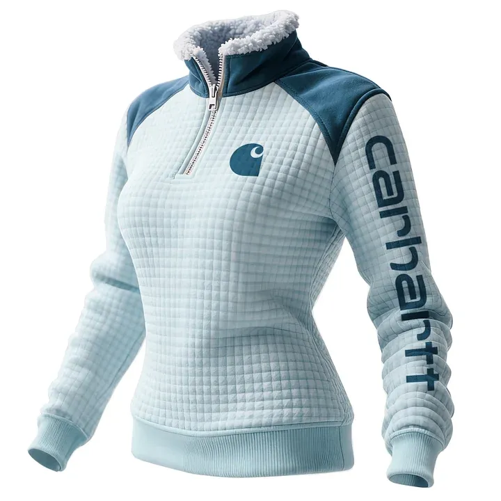 Women's Retro Western Style Waffle Contrast Suede Fleece Collar Stand Collar Sweatshirt