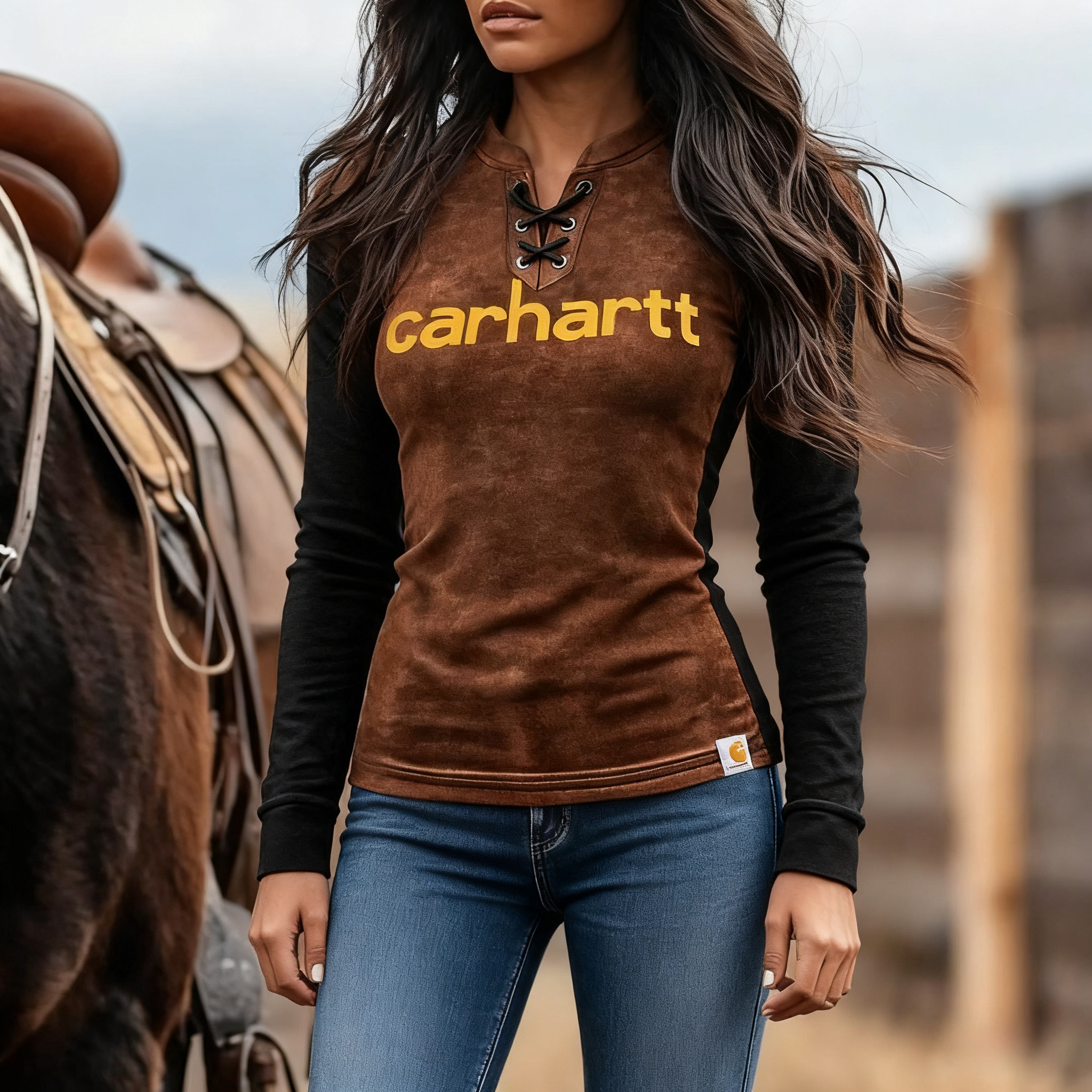 Women's Vintage Western Cowboy Suede Color Block Lace-up Stand Collar Raglan Sleeve Long Sleeve T-Shirt