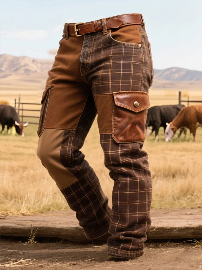 Men's Retro Plaid Contrast Color Multi-Pocket Casual Work Trousers