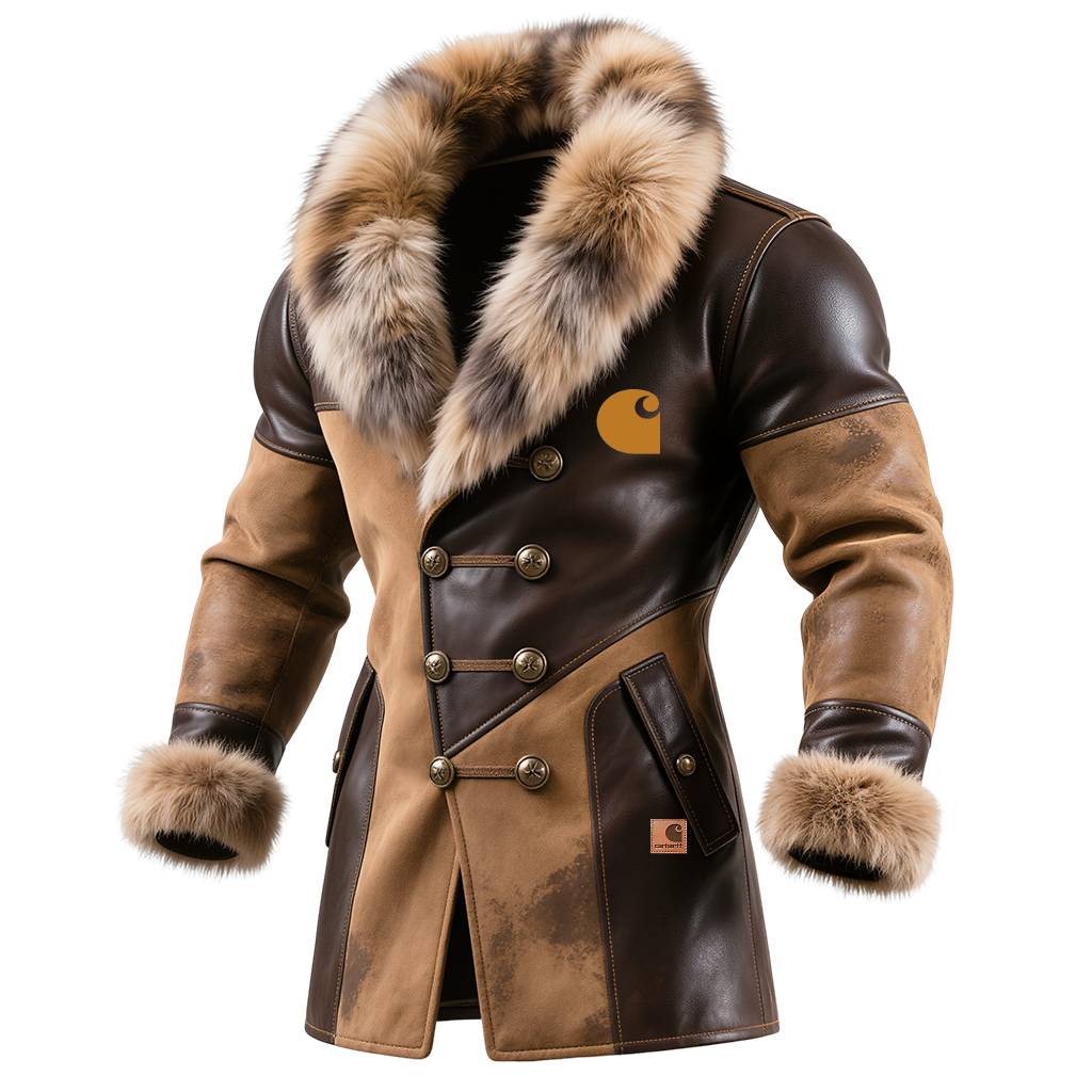 Men's Vintage Brown Leather Coat With Fur Collar And Cuffs