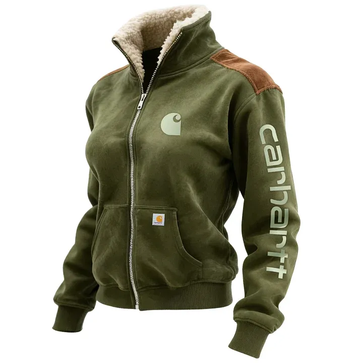 Retro Western Style Women's Contrast Color Panel Suede Zipper Stand Collar Cardigan Sweatshirt