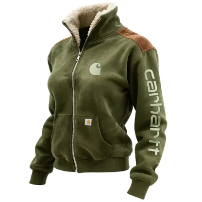 Retro Western Style Women's Contrast Color Panel Suede Zipper Stand Collar Cardigan Sweatshirt