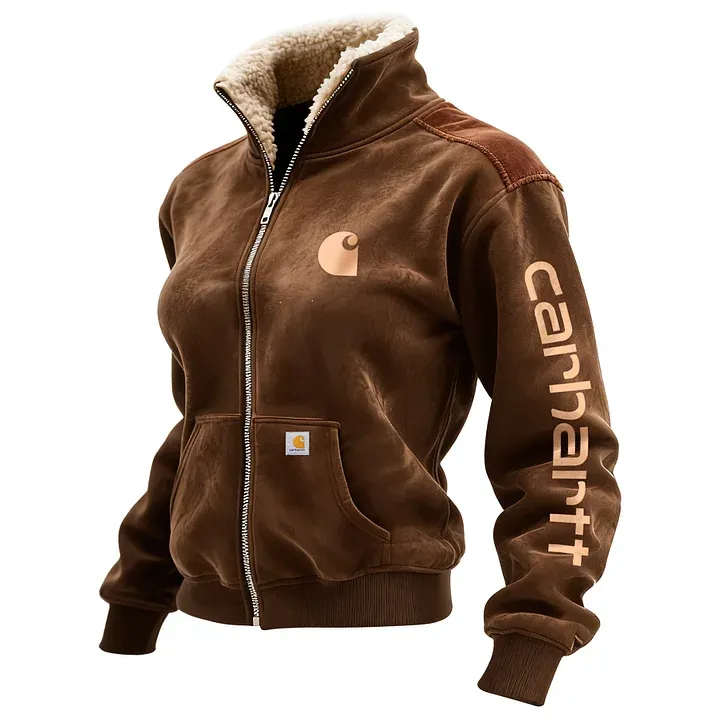 Retro Western Style Women's Contrast Color Panel Suede Zipper Stand Collar Cardigan Sweatshirt