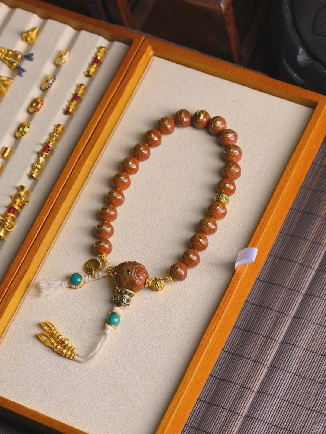 [Exquisite Gold-Inlaid] Patinated Phoenix-eye Bodhi 108 Prayer Beads with Gilt & Turquoise Ritual Accessories | Collectible Curio Bracelet