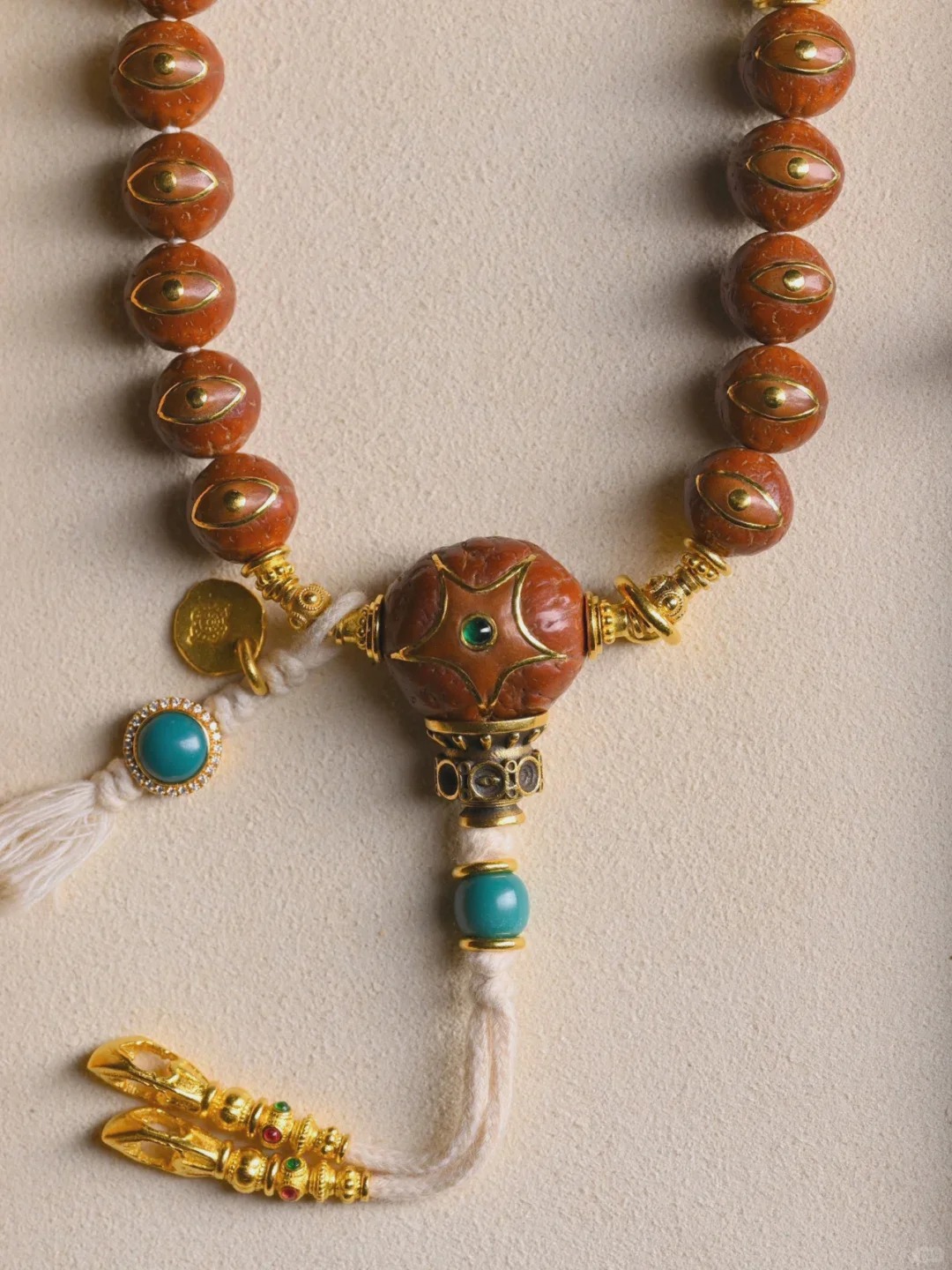 [Exquisite Gold-Inlaid] Patinated Phoenix-eye Bodhi 108 Prayer Beads with Gilt & Turquoise Ritual Accessories | Collectible Curio Bracelet