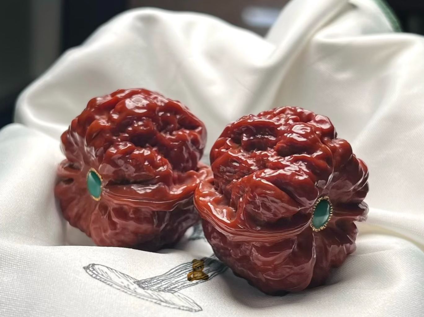 [Collectible Curio] Patinated Premium Matched Vintage Curio Walnut Pair (Inlaid Turquoise & Gold) | Handheld Collectible Piece