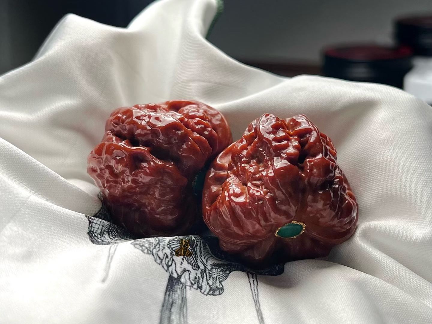 [Collectible Curio] Patinated Premium Matched Vintage Curio Walnut Pair (Inlaid Turquoise & Gold) | Handheld Collectible Piece