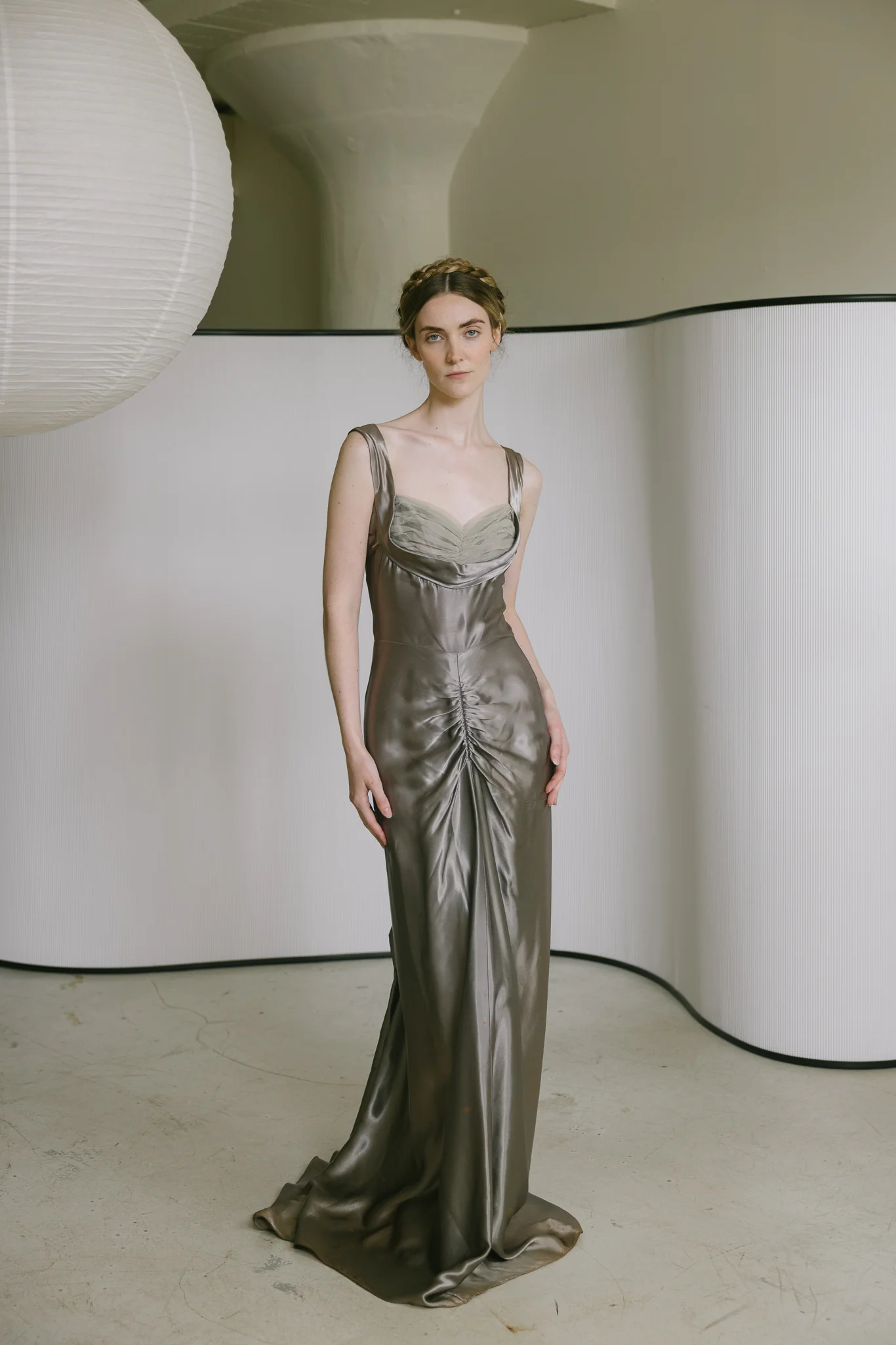 Sculpted Silk Ruched Evening Gown