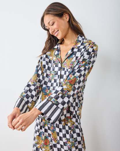 Court-Style Plaid Pajama Set - Eco-Friendly Satin - Floral Pattern