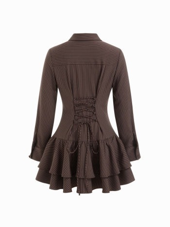 Striped Collar Long Sleeve Button Lace Up Layered Mini Dress