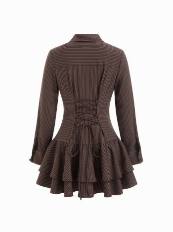 Striped Collar Long Sleeve Button Lace Up Layered Mini Dress