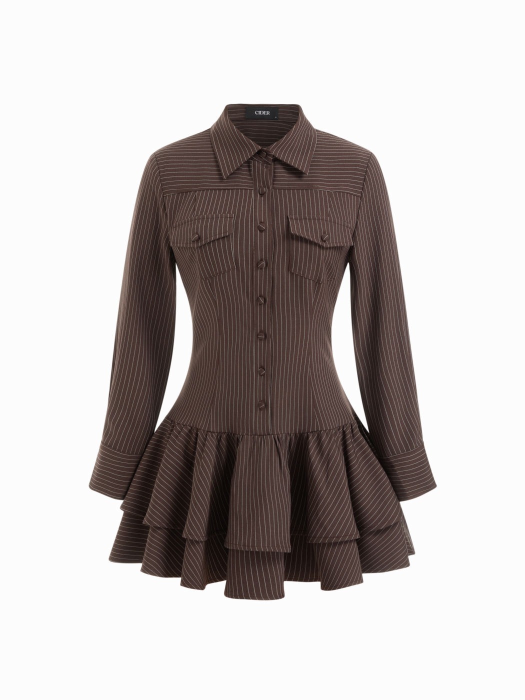 Striped Collar Long Sleeve Button Lace Up Layered Mini Dress